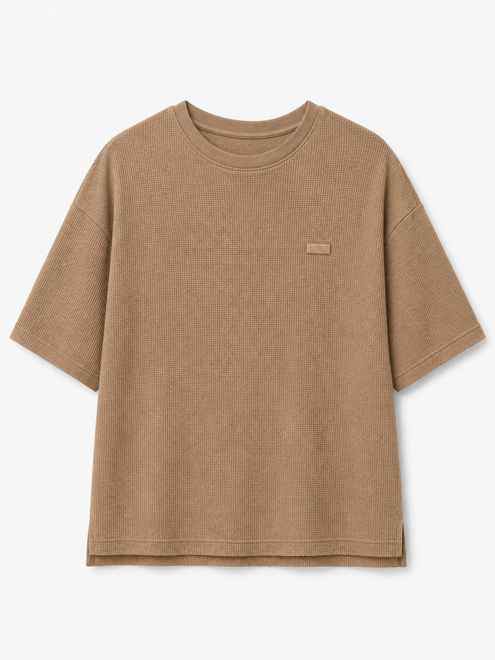 🆕️DKNY Oversized Fit Taupe Waffle Knit Tee Shirt Large Neutral Beige Textured